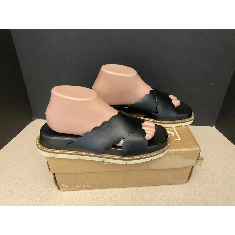 Seychelles Black Scalloped Leather Slide Sandals